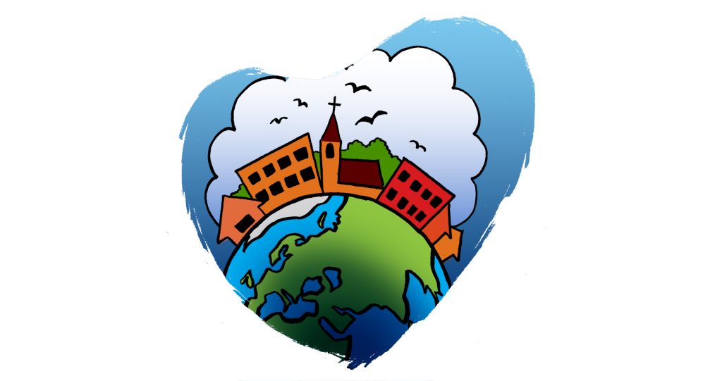 Sydänkuvion sisässä piirretty maapallo, jonka päällä muutamia rakennuksia, mm. kirkko, pari kerrostaloa ja omakotitaloja, sekä puita ja lintuja.