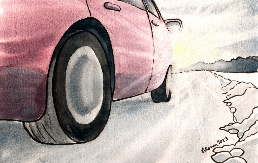 Piirroskuva autosta, joka etenee katsojasta pois päin kohti auringonlaskua.