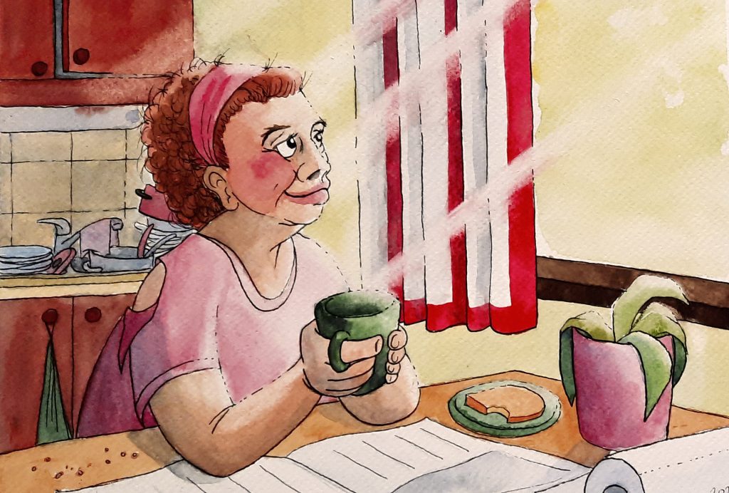 Piirroskuva naisesta keittiön pöydän äärellä kahvikuppi kädessä. Pöydällä on auki sanomalehti, nuutunut kukka ja lautasella paahtoleipä, taustalla on likainen tiskipöytä täynnä pesemättömiä tiskejä. Nainen katsoo ikkunasta ulos ja hymyilee.